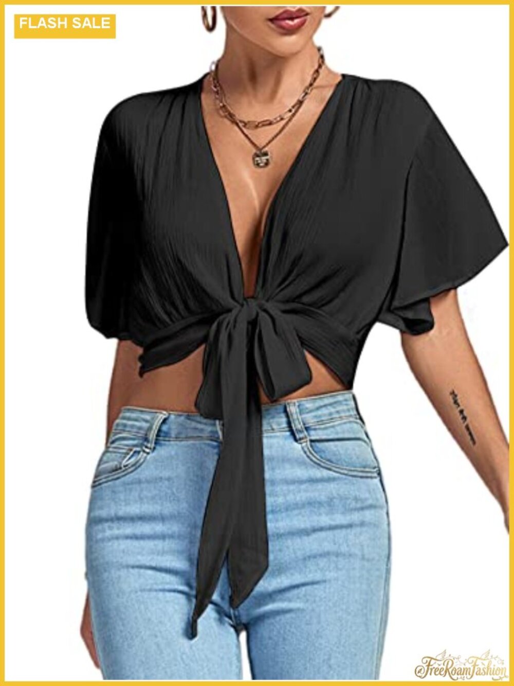 Tie Front Crop Top V Neck Short Sleeve Blouse Womens Sexy Summer